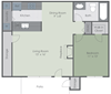 1 bed 1 bath 1 bedroom 1 bath 754 squre foot 2D floor plan.